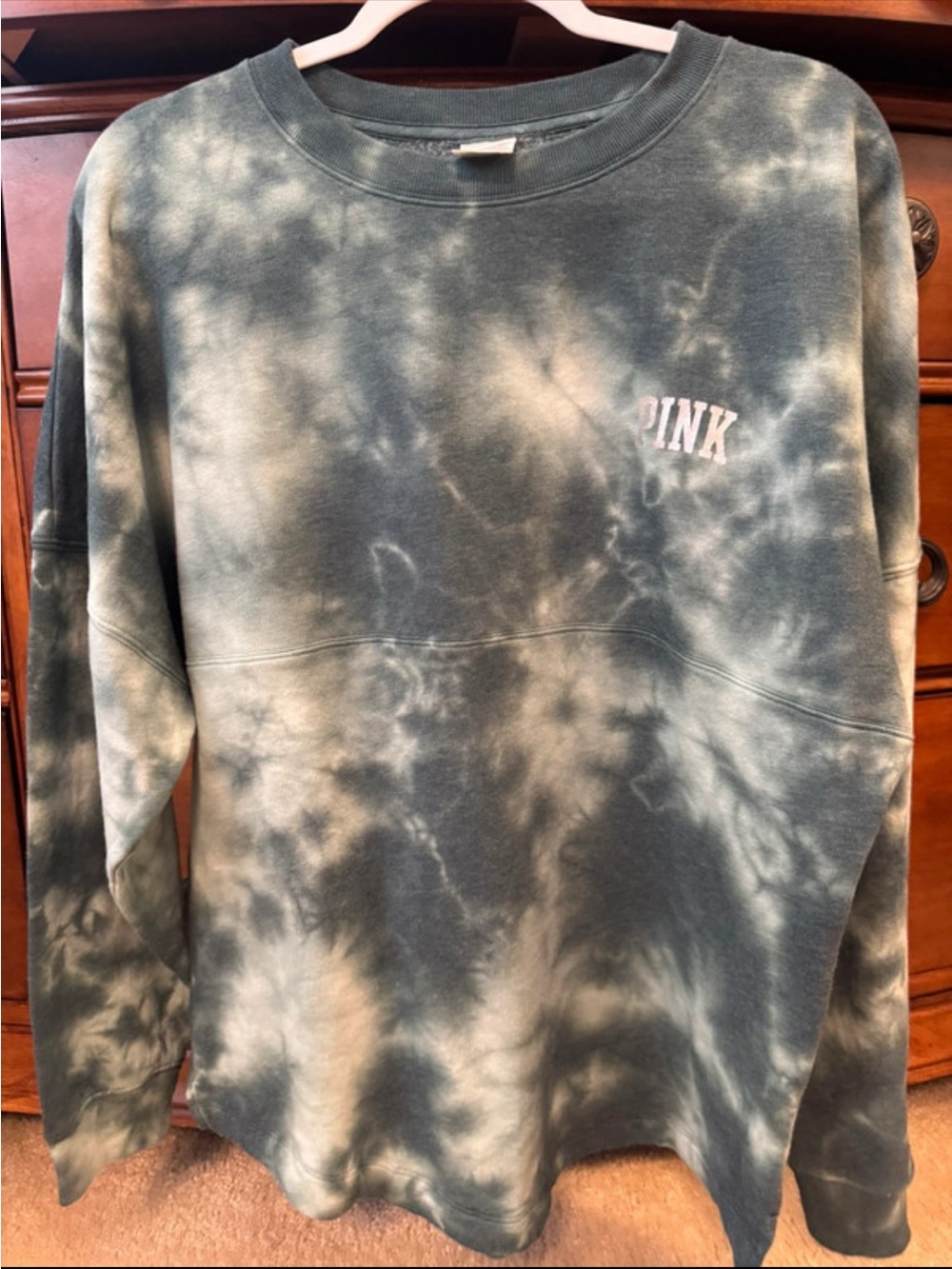 PINK Victoria's Secret Men's Tie-Dye Crewneck - Forest Green & Cream